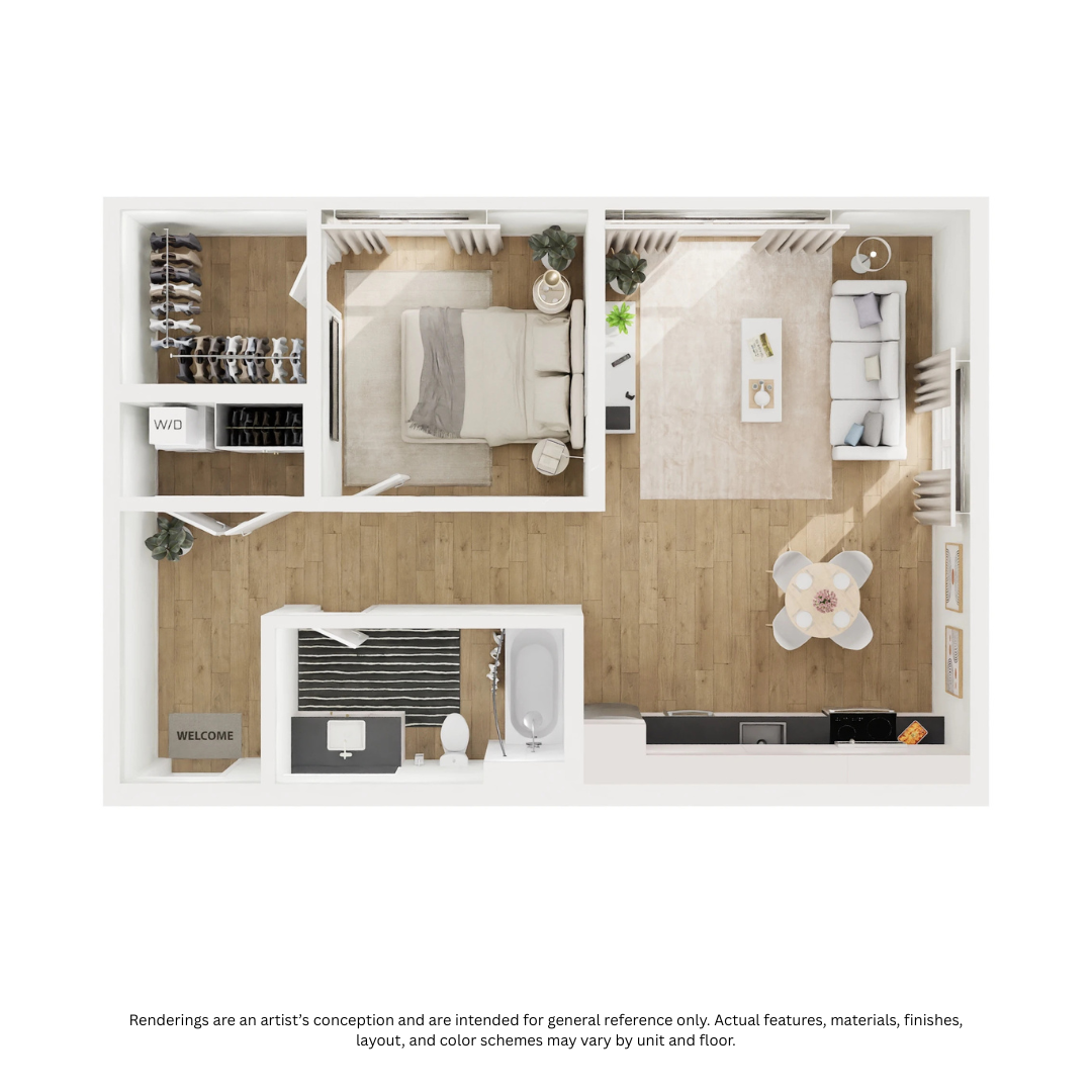 Floor plan for 1 bed, 1 bath, 659 sqft
